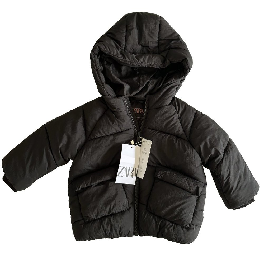 Zara Baby Black Puffer Jacket w Hood 9-12 Months